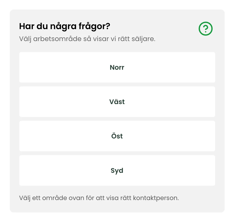 Rutan Har du några frågor med val av arbetsområde: norr, väst, öst och syd