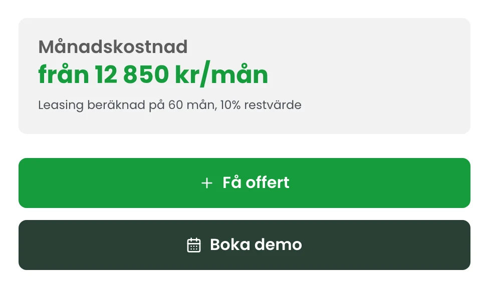 Rutan med månadskostnad från 12 850 kr och knapparna Få offert och Boka demo