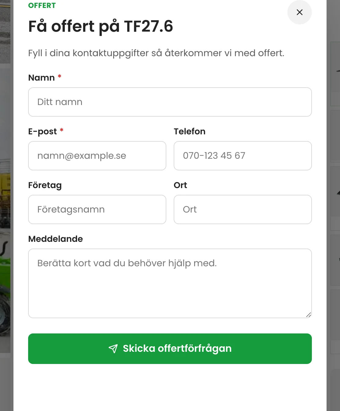 Offertformuläret öppet med rubriken Få offert på TF27.6 och fält för kontaktuppgifter