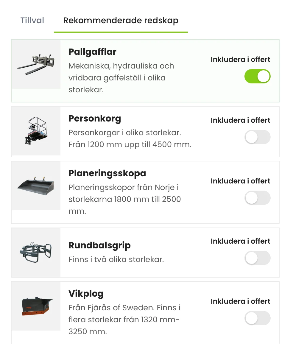 Fliken Rekommenderade redskap med pallgafflar, personkorg, planeringsskopa, rundbalsgrip och vikplog