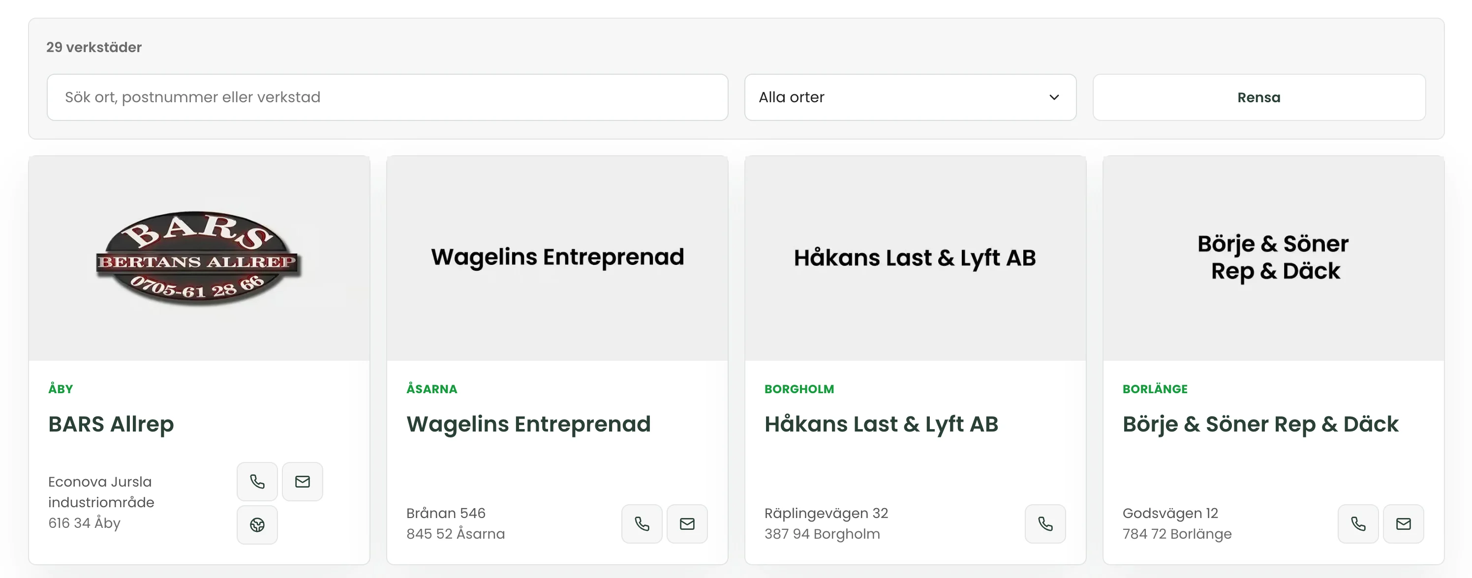 Sökrutan över 29 serviceverkstäder med fyra verkstadskort och deras kontaktuppgifter