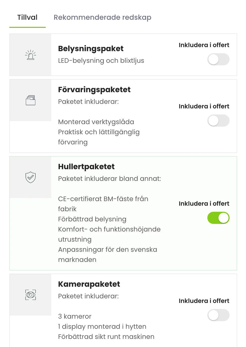 Tillvalspaketen på modellsidan, där Hullertpaketet är påslaget med en switch