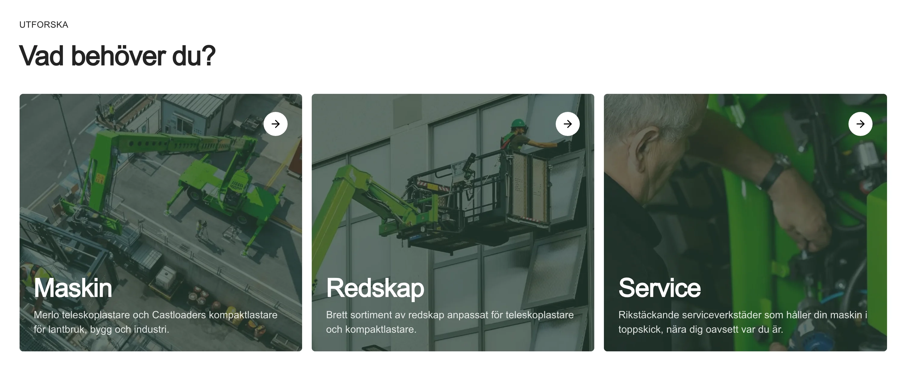 Tre kort på startsidan: köpa maskin, boka service och hitta redskap