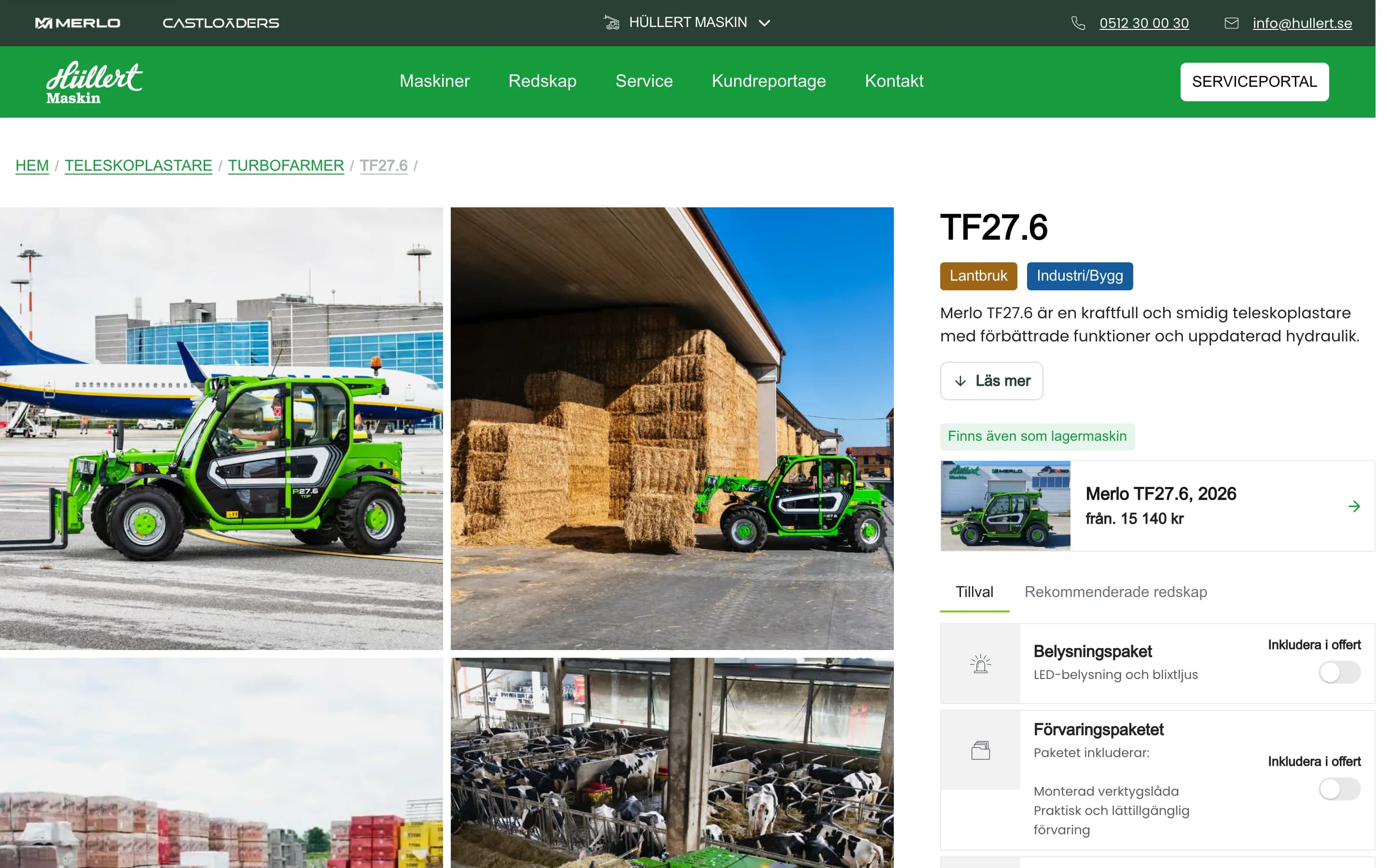 Modellsidan för Merlo TF27.6 på hullert.se med bilder, tillvalspaket och månadskostnad