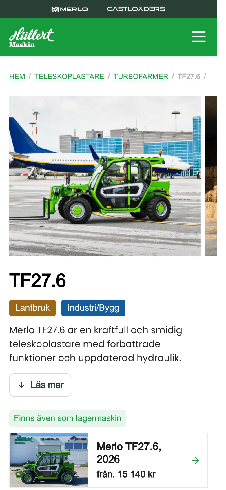 Samma modellsida i en telefon, där tillvalen ligger i samma kolumn som maskinen